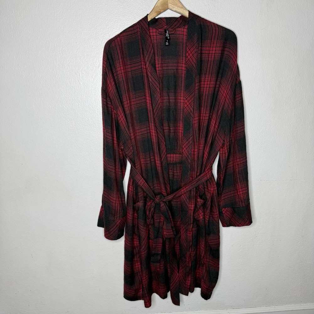 Torrid Cozy Red Black Plaid Knee Length Robe Pockets Waist Tie Women's 1X/2X